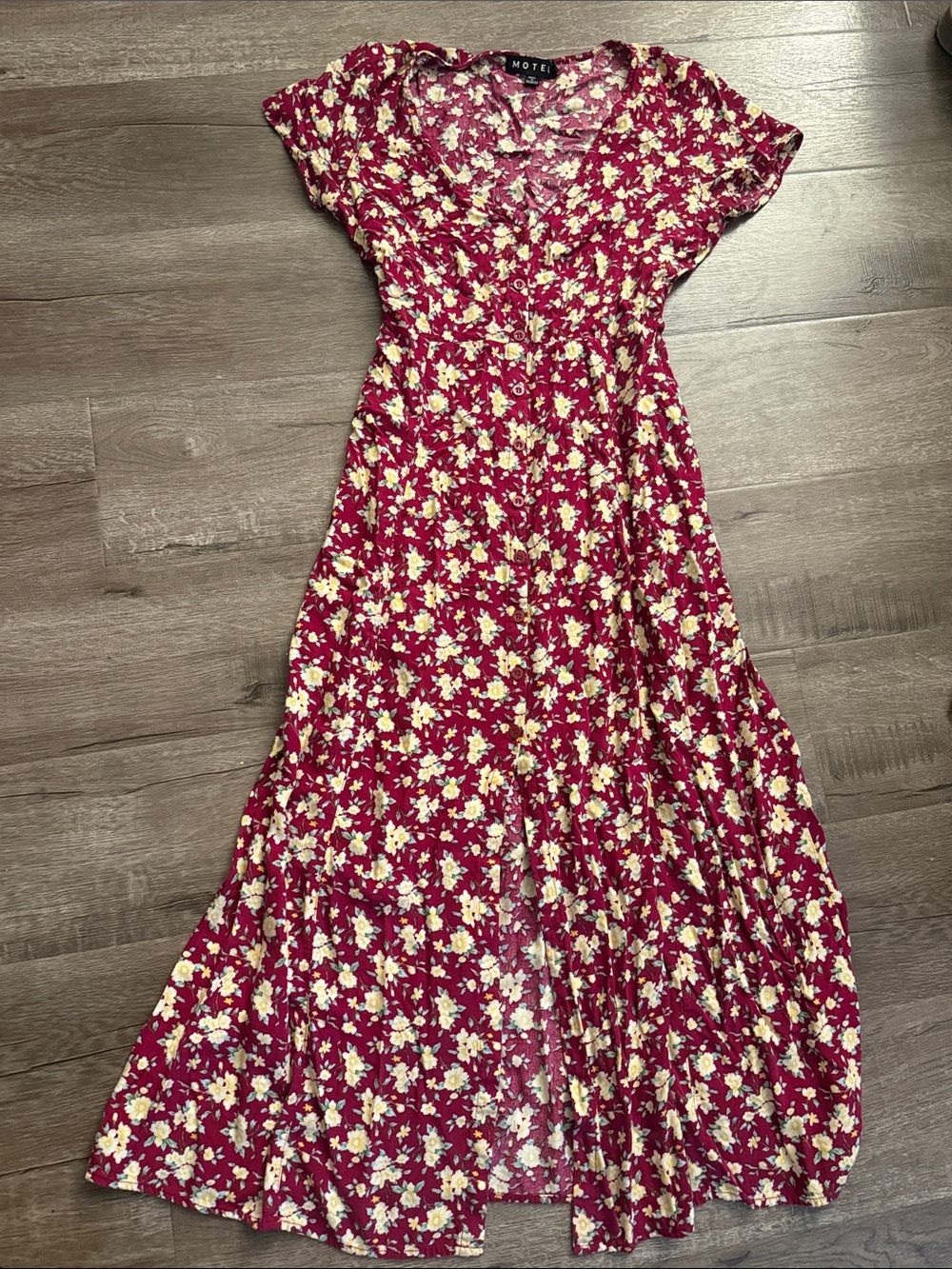 Motel Rocks Burgundy Floral Button-Down Maxi Dress with Cream Blooms